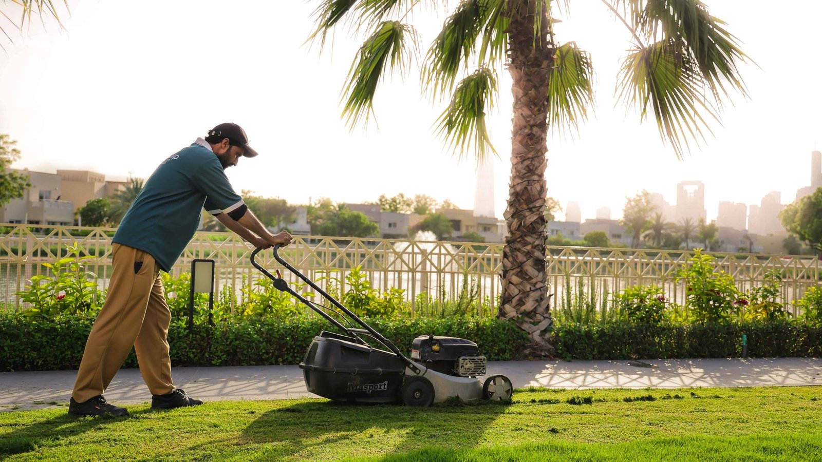 Elkin Corp technician mowing a villa lawn beside a community lake