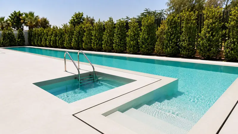 Villa pool and landscaped hedge